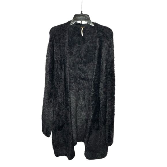 Free People Sweaters - Free People Black Faux Fur Open Front Pocket Plush Cozy Cardigan Sweater Small